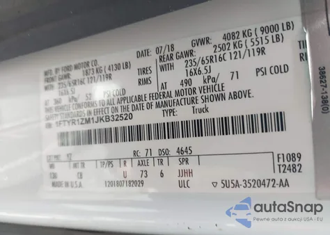 2018 Ford Transit-250 z USA, uszkodzony, nr VIN 1FTYR1ZM1JKB32520